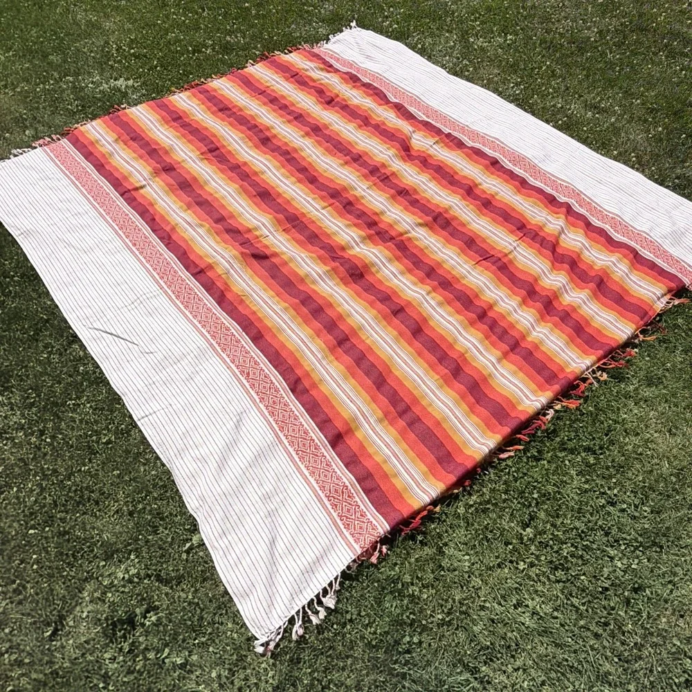 Vintage 100% Cotton Handwoven Colorful MCM Striped Blanket Rug Bangladesh 96x82